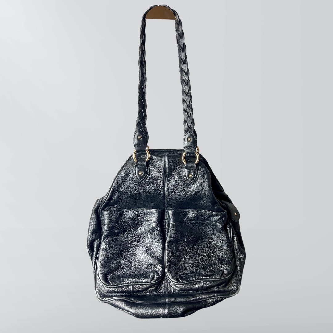 Bodhi Black Pebbled Leather Braided Strap Satchel Shoulder Bag Purse